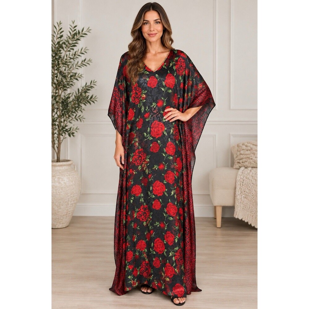 Gold Coast Floral Caftan Black Red Rose Print V Neck Gold Trim Maxi OS Vintage
